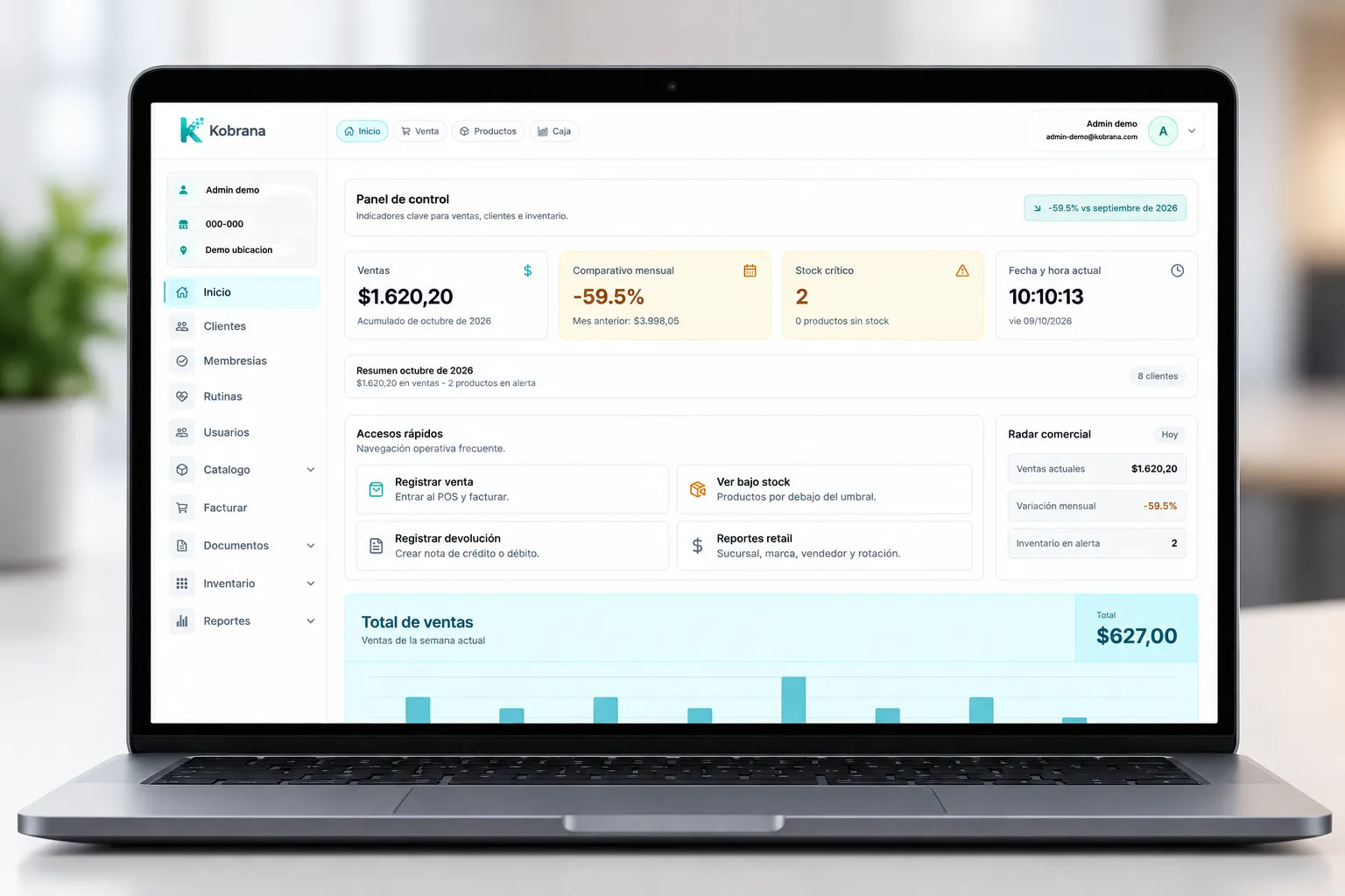Vista ilustrativa del dashboard de Kobrana en un portátil: ventas, inventario y accesos de gestión comercial